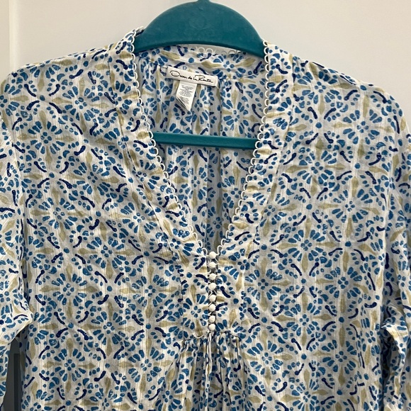 Vintage Oscar de la Renta Blue and Green Patterned Long sleeved Midi Dress - Picture 1 of 12